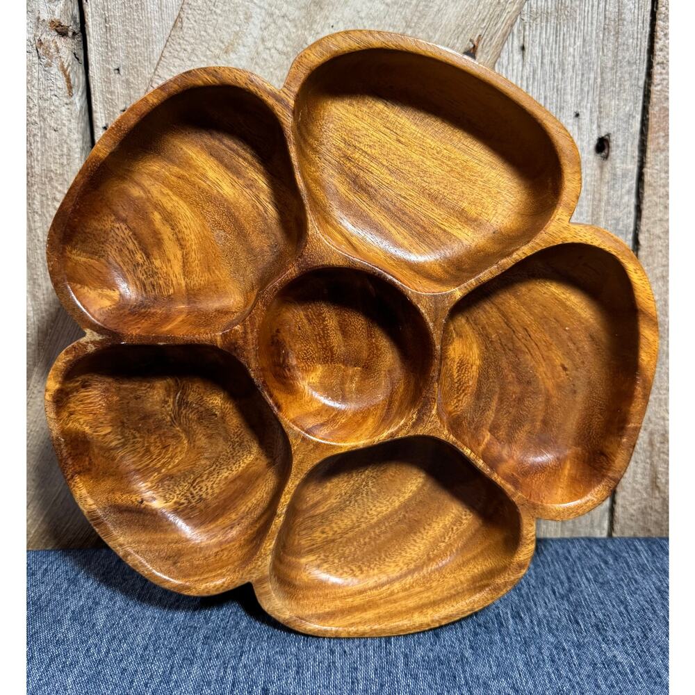 Vintage Woods Of Hawaii Lazy Susan Monkey Pod Wood Carved Spinning Tray MCM